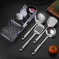 Four-piece stainless steel kitchen tool set including spatula and ladles on dark background - Standard Style 4-Piece Set