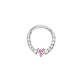 Silver hinged nose ring with pink heart zircon and white round crystal accents - Pink CZ Heart / Silver