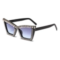 Oversized black square sunglasses with rhinestone edges and pearl accents - Glossy Black Frame/Gradient Grey Lens
