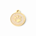 Round golden stainless steel pet tag with beige glitter resin and paw print - White