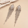 Silver geometric flower tassel earrings with sparkling rhinestones on stone background - Silver (925 Sterling Silver Earring Post)