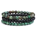 Three-piece set of 6/8mm natural green turquoise and black agate beaded stretch bracelets - 6mm African Turquoise & Onyx & Green Spotted Stone