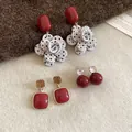 3-piece earring set featuring vintage red and gold geometric pearl drop designs - Polka Petal Square Red Bead Drop (5#)