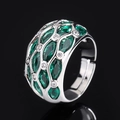 Exaggerated silver wide band ring with green oval zircons and adjustable open shank - Emerald Green