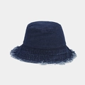 Detailed view of the dark blue denim bucket hat with stylish frayed edges and raw trim - M / Dark Blue