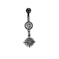 Black steel belly button ring featuring a zircon inlay and starburst pendant charm - Style 12 (Eight-Pointed Star)