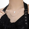 Irregular textured double-layer silver necklace with gold-accented ring set on model - 925 Silver / Irregular Texture Style (Burnished Silver-XA557)
