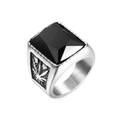 Vintage stainless steel ring for men featuring a large black square gemstone and leaf details - Steel Color + Black Gemstone