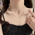 Double-layer gold plated necklace with white pearls on model for elegant French style - 15# Necklace-Gold Round Double Layer (HN2476)