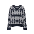 Top de punto de manga larga con cuello en V y diseño de rombos en color azul marino - S / Rombos Azul Marino