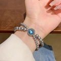 Pulsera vintage de perlas grises con piedra ojo de gato azul y halo de cristales finos - S546 Plata - Pulsera de Perlas de Aguamarina