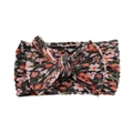 Close-up of soft floral print baby headband with double-layered bow and knit texture - Dark Floral