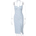 Detail of light blue floral dress with halter neck, bust ruching and side slit design - S / Blue