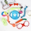 Flat lay of 10-piece durable cotton rope dog toy set with frisbee and rubber chew rings - 10-Piece Set Approx 650g