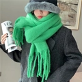 Thick bright green mohair-style scarf with long tassels and chunky knit texture - Grass Green