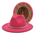 Detail view of pink wool felt fedora with leopard print lining and silver chain band decor - M(56-58cm) / Rose Red