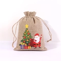 Christmas burlap gift bag with Santa and tree print featuring a natural jute drawstring - Santa Tree G-01 / 15*20cm