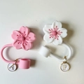 Pink and white cherry blossom straw covers with metal alphabet charms for tumblers - Pink & White 2-Piece Set (Letters A+F)