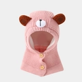 Detailed view of pink knitted bear balaclava with soft lining and button closure - 2-5 Years Old / Pink
