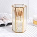 Detail of hexagonal gold-edged glass organizer box filled with pearls and makeup brushes - 11.5*10*21cm / Gold