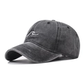 Classic washed cotton baseball cap in dark grey with minimalist wave embroidery - Adjustable / Wave Black
