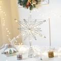 Illuminated silver glitter star tree topper with warm LED lights and spring base - 3D Hexagonal Star Silver