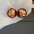 Detail of red velvet heart earrings with irregular golden liquid metal accents - Liquid Metal Red Round Flocking Style (96#) / Gold-Red