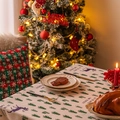Christmas tablecloth with reindeer and pine tree prints in Nordic minimalist style - Fawn Forest