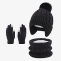 Close-up of cable knit beanie, scarf and gloves set with thick white fleece lining - One Size / Black