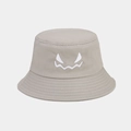 Detailed close-up of white ghost face embroidery on a grey cotton bucket hat - M (56-58cm) / Khaki