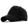 Close-up of luxury black rhinestone detailing on the fashion baseball cap fabric - Adjustable / Black