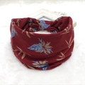 Dark red cotton headband with blue leaf patterns on white plush background - 26-Dark Red Leaves