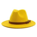 Classic bright yellow wide brim felt panama hat with brown leather band and gold buckle - M (56-58cm) / Yellow