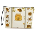 Beige canvas cosmetic bag with honey bee and floral prints with black zipper and wristlet - Bee Honeycomb Floral Illustration (xy-078-1) / With Strap