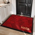 Rote Fußmatte im chinesischen Stil mit schwarzen Blumenmustern und Hello-Schriftzug - 60*90cm [Exquisite Stickerei] / Blumen wie Brokat