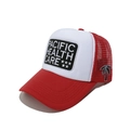 Detail of red and white mesh trucker hat featuring Pacific Health Care embroidery - Red