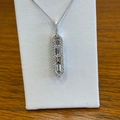 Vertical rectangular pendant necklace with baguette-cut zircons and halo diamond setting - White Gold