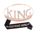 Couronne KING or rose et écharpe BIRTHDAY KING noire pour décoration d'anniversaire homme - Or rose strass + Écharpe satin noir texte or rose