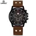 Men's quartz watch with dark brown studded leather strap and matte black round dial - Dark Brown (Single Watch)