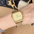 Golden square dial steel watch for women featuring day and date display on a metal band - Gold Case Light Yellow Dial