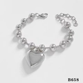 Polished stainless steel beaded bracelet with a silver heart pendant and lobster clasp - Silver Heart Bead Bracelet (B658)