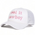 White trucker cap with pink cool it cowboy embroidery and breathable mesh back panel - One Size / White with Pink Logo