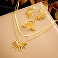 Golden sunburst jewelry set with layered necklace, ring, and earrings on display stand - Necklace Earrings Ring Set (N2778 E6078 R476)