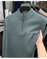Men's half-zip knit sweater in dark green featuring textured horizontal chest stripes - M / Bean Green