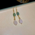 Elegant gold earrings with green oval beads and pink teardrop pendants on flat background - Retro Beaded Color Block (Ear Hook)