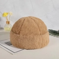 Detailed view of fluffy camel faux fur brimless cap with thick winter plush texture - M (56-58cm) / Camel