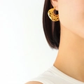French vintage 18K gold plated cutout crescent earrings shown on a model for daily wear - Hollow Moon Style (F562)