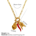 Gold necklace with heart, chili, and rock hand charms including size measurements - Gold Necklace with Red Enamel Chili Heart and Hand Charm (XL241)