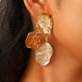 Exaggerated golden leaf earrings featuring irregular hammered texture and metallic finish - Gold Irregular Spliced Shape (N-717)