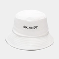 White cotton bucket hat with black OK AND? embroidery for summer sun protection - M (56-58cm) / White